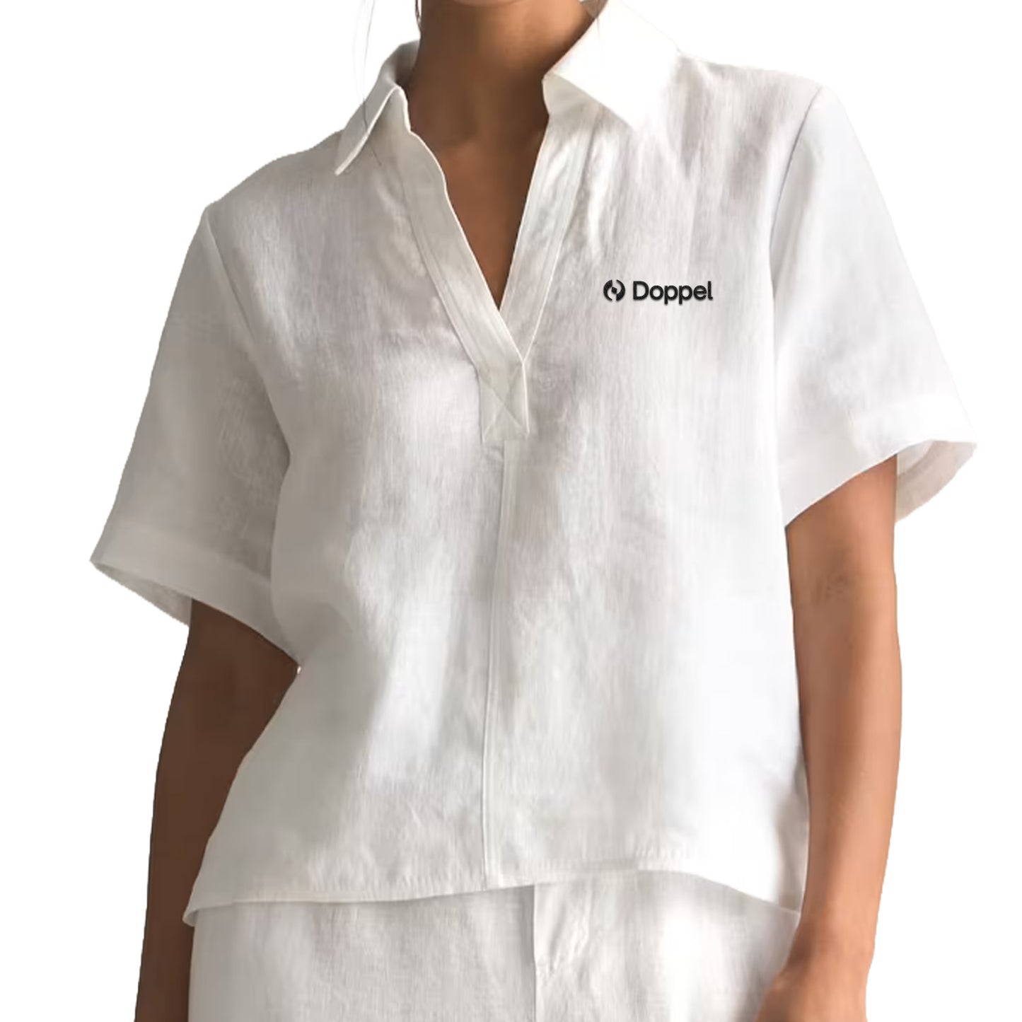 Ladies' 100% European Linen Short Sleeve Popover Top - White